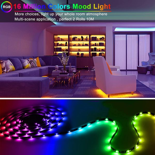 Ruban LED Bleutooth,10M Bande RGB 5050 LED Lumineuse Multicolore, avec Adaptateur, Convient Pour la Famille,la Chambre à coucher, la fête[Mise à niveau étanche/APP + télécommande intelligente] – Image 7