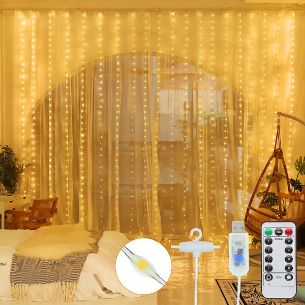 Rideau Lumineux - 300 LED 3M*3M Guirlande Lumineuse Rideau 8 Modes Etanche USB & Télécommande Rideau de Lumiere Interieur Exterieur Decoration pour Chambre Noël Mariage Fenêtre – Image 2