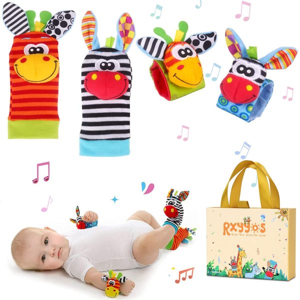 RXYYOS 4Pcs Bébé Poignet et Chaussettes Hochet Jouets Ensemble Poignet de Bell Strap hochets et Chaussettes Pied Finder Animal Bébé Chaussettes De Pied avec Jouet – Image 6