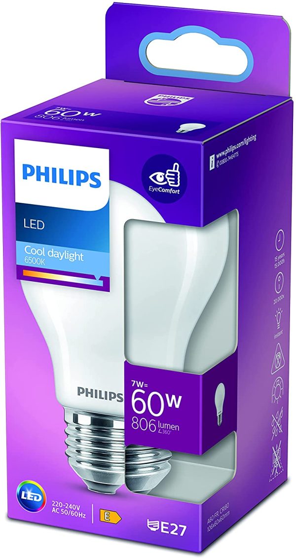 Philips ampoule LED Standard E27 60W Blanc très froid, Dépolie, verre – Image 2