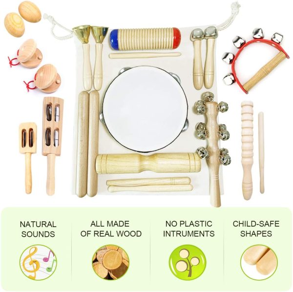 Ulifeme Instrument de Musique Enfant, 23 Pièces Instrument Musique Bois pour Bebe, Ensemble de Jouets 100% Bois Pur, Kit Rythmique de Percussion Premium, Cadeau pour Bébé, Rangement de Sac en Coton