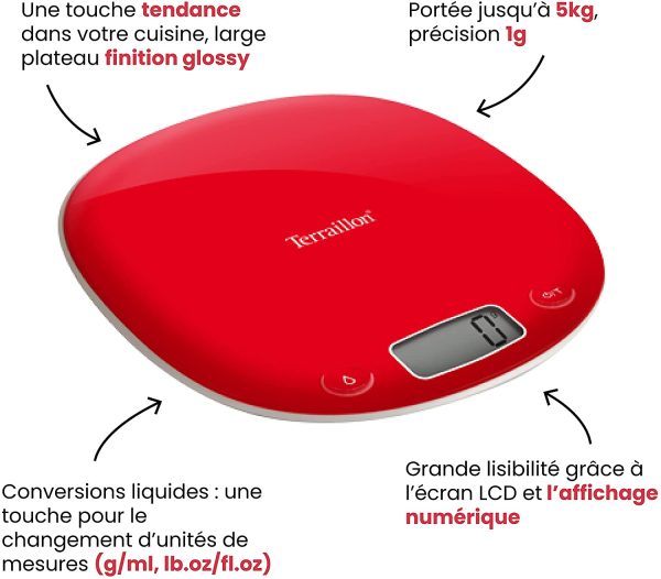 Terraillon Balance de Cuisine, Tare, Conversions Liquides, Poignée intégrée, Portée 5 kg, Macaron, Grenadine – Image 5