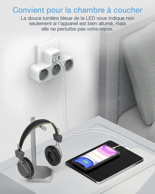 Prise Multiple, Multiprise Murale 3 Prises et 3 Ports USB, Prise USB Electrique 6 en 1, Prise Multiprise USB Secteur pour la Maison Le Bureau Les Voyages Compatible avec Phone, Portable – Image 4