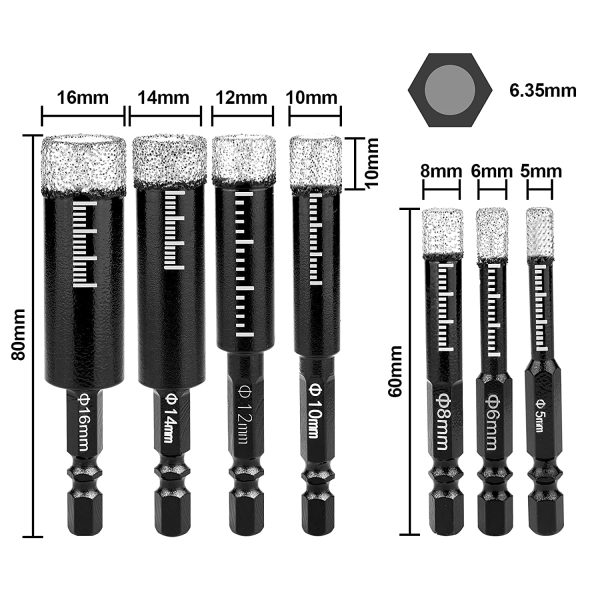 flintronic Foret Diamant Mèche Carrelage, Jeu de 7 Forets Carrelage Brasés avec Tige Hexagonale, Scies Cloches Forage Rapide pour Céramique, Granit, Verre, Porcelaine, Carrelage-5,6,8,10,12,14,16 mm – Image 2