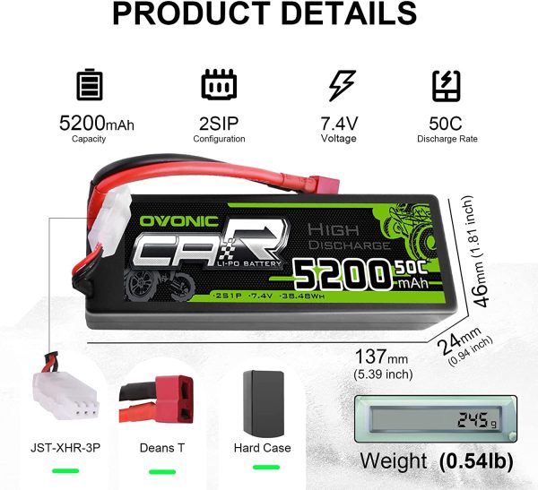 Batterie Lipo 2s 5200mAh 50C 7.4V Étui Rigide avec Connecteur Dean Style T pour Avion RC Hélicoptère RC Voiture RC Bateau Hobby (2 Packs) – Image 3