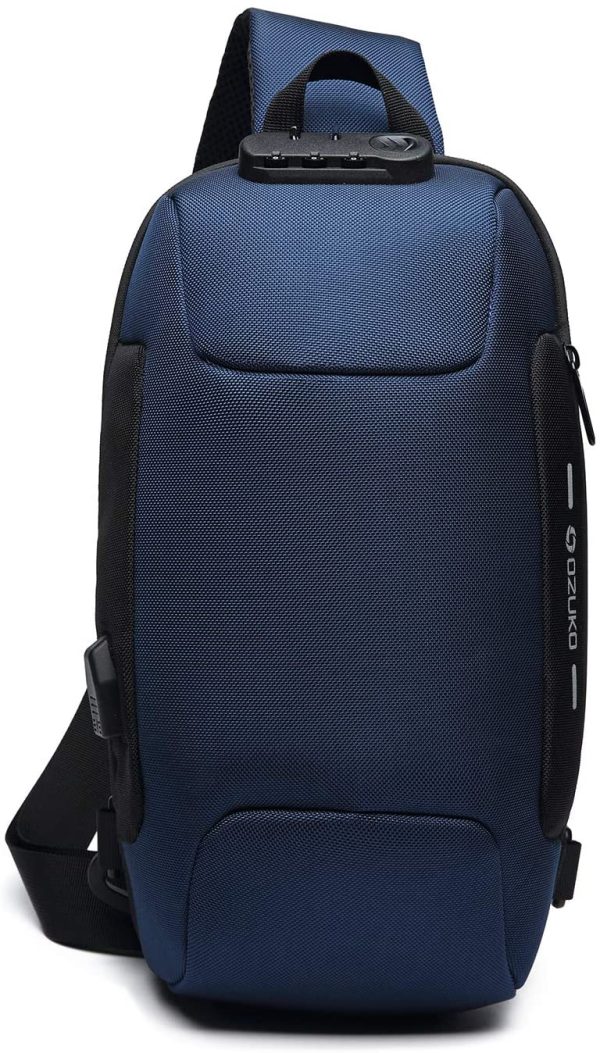 FANDARE Nouveau Sac de Poitrine Anti-vol Sac d'Epaule Sacoche Homme avec Verrou Mot de Passe,USB,Réfléchissante Sac Bandoulière Imperméable Sling Bag pour Cyclisme,Camping,Voyage Polyester Bleu – Image 7