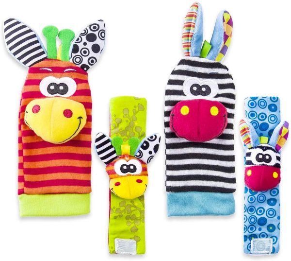 RXYYOS 4Pcs Bébé Poignet et Chaussettes Hochet Jouets Ensemble Poignet de Bell Strap hochets et Chaussettes Pied Finder Animal Bébé Chaussettes De Pied avec Jouet – Image 4