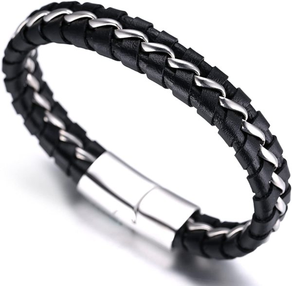 HALUKAKAH Enfants ??Solo Junior ??Garçon Bracelet en Cuir Véritable de Main Noir 6-12 Ans Chaîne Argent Titane Acier Fermoir Magnétique 7"/18cm avec Le Boîte-Cadeau Gratuit – Image 2