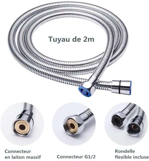 Pommeau Douche + 2 M Tuyau de Douche Flexible,  Pommeau de Douche avec Tuyau, 5 Modes Economiseur d'eau et bouton de l'interrupteur, Haute Pression Douchette Pommeau Acier Inoxydable – Image 9