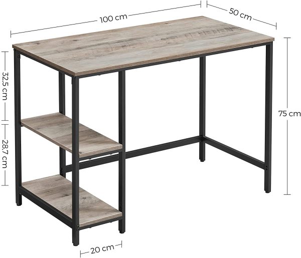 Bureau Informatique, Table avec Rangement, avec Étagère à 2 Niveaux à Gauche ou à Droit, pour Bureau, Salon, Cadre en Métal, Style Industriel, Grège et Noir LWD046B02 – Image 6