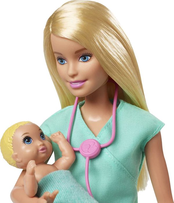 Barbie Métiers coffret poupée Pédiatre blonde avec cabinet médical, deux bébés et accessoires, jouet pour enfant, GKH23, 6 – Image 4