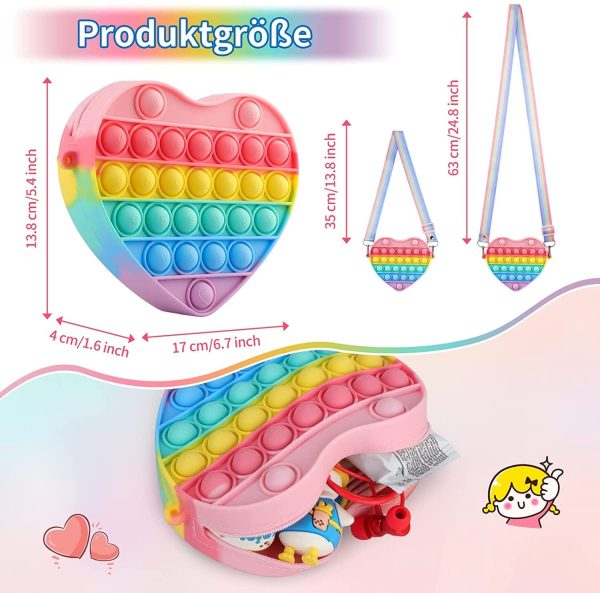 OBOVO Pop Sac It, Fidget Toy Sac Push Pop Bubble It Portefeuille à Main 2 en 1, Sac de Messager à Bandoulière Sensory Multicolore Silicone, Jouets Anti-Stress Sac à Main pour Fille et Enfants - Cœur – Image 2