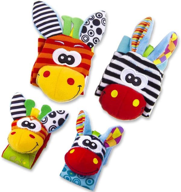 RXYYOS 4Pcs Bébé Poignet et Chaussettes Hochet Jouets Ensemble Poignet de Bell Strap hochets et Chaussettes Pied Finder Animal Bébé Chaussettes De Pied avec Jouet – Image 8