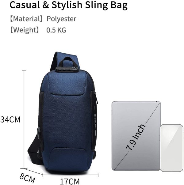 FANDARE Nouveau Sac de Poitrine Anti-vol Sac d'Epaule Sacoche Homme avec Verrou Mot de Passe,USB,Réfléchissante Sac Bandoulière Imperméable Sling Bag pour Cyclisme,Camping,Voyage Polyester Bleu – Image 2