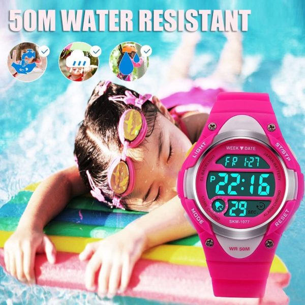 Digital montres pour filles cadeaux ??Enfants Sports de plein air montre avec rétro-éclairage LED, 5 ATM étanche montre de sport électroniques pour enfants avec semaine pour adolescents Rose par RSVOM – Image 2