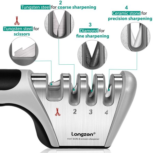 longzon Aiguiseur Couteaux, 4 en 1 Affuteur Couteau Professionnel avec Une Paire de Gants Anti-Coupure, eguiseur de Couteau pour Ciseaux et Couteaux de Cuisine de Différentes Tailles – Image 2