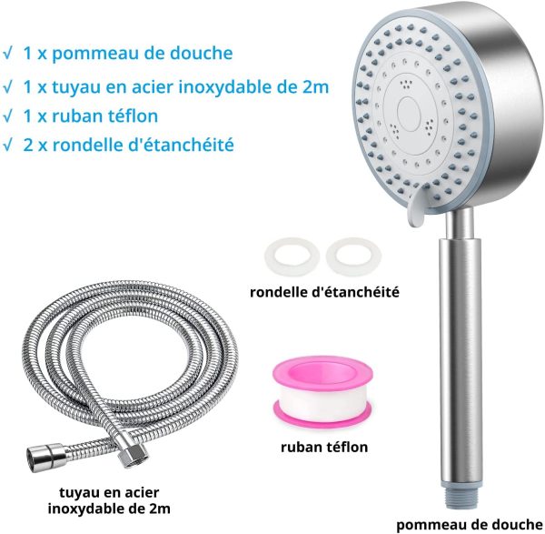 Pommeau de Douche, Pommeau Douche Economiseur D'eau avec Tuyau 2M Douchette Douche Aalle de Bain Economie d'Eau Haute Pression en Acier Inoxydable 304 Installation et Nettoyage Faciles – Image 3