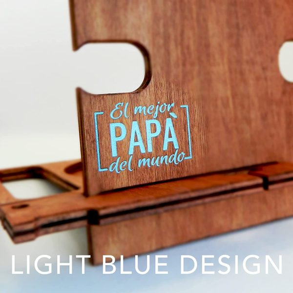 Gretaoto Design Docking Station for Men, Wooden Desk Organizer, Light Blue"El Mejor Papà del Mundo" Engraving - Smartphone Stand, Nightstand Holder (Cherry-Light Blue) – Image 2