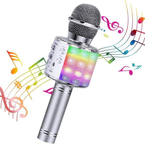 ShinePick Microphone Karaoke Sans Fil, Karaoké Microphone Bluetooth Portable pour Enfants/Adultes Chanter, Compatible avec Android/IOS/PC/Smartphone (Argent) – Image 4