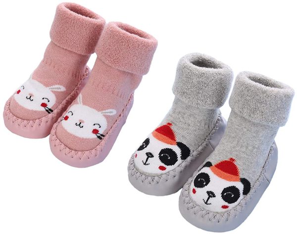 Gavena 2 Paires de Chaussettes Bebe Antiderapantes Hiver Chaud Chaussons Fille Garcon Naissance 3-24 Mois Bleu Gris Rose – Image 3