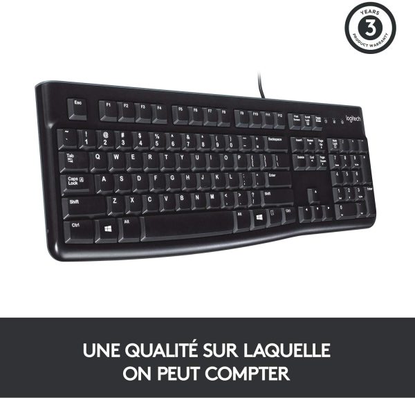 K120 Clavier filaire Business Windows, Plug-and-Play USB, Touches Silencieuses Ultra-Plates, Taille Standard, Etanche, Barre d’Espacement Incurvée, Clavier AZERTY Français - Noir – Image 3