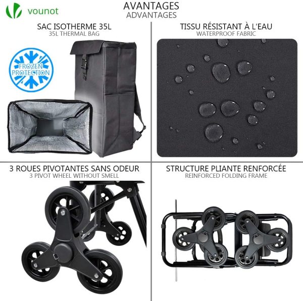 VOUNOT Chariot de Courses Solide Pliable avec Compartiment Isotherme 6 Roues 3 en 1 Sac à Dos Sac de Rangement Caddie Panier Montant Escalier Grande Capacité de 40L Charge Max 30Kg – Image 2