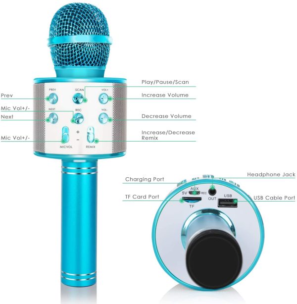 KIDWILL Microphone Bluetooth Karaoké Sans Fil, 5-en-1 Radio FM, Portable Karaoké Micro, Haut-parleur, Lecteur, Enregistreur pour Enfants Adulte,Compatible avec Smartphone, Android,iPad, PC(Bleu) – Image 6