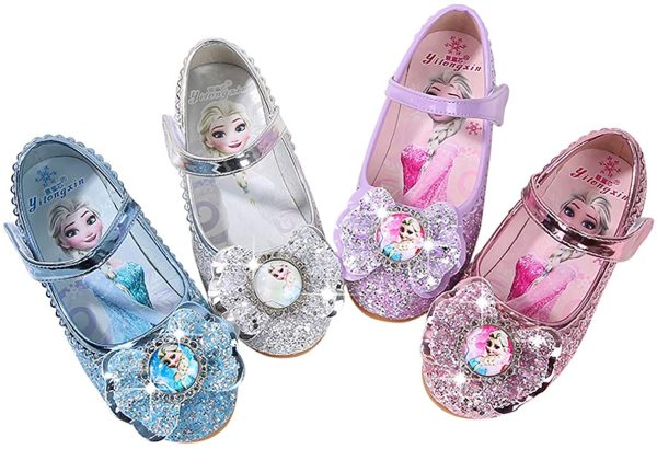 Eleasica Fille Talons Plats Chaussures de Princesse Reine des Neiges Elsa Anna Paillettes Déguisement Violet Argenté Bleu Rose Doux Halloween Noël Anniversaire Carnaval Cosplay 15-23cm EU22-36 – Image 2