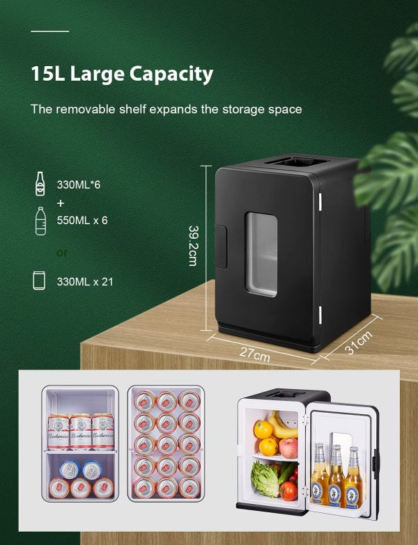 Mini Frigo de Chambre 12V/220V, 15L Mini Réfrigérateur Portable avec Fonction Chaud/Froid, Glacière Électrique Silencieux avec ECO Mode pour Chambre, Étagère Démontable – Image 3