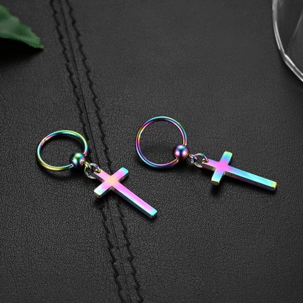 Flongo Boucles d’Oreilles Croix pour Femme Homme, Petits Créoles Pendentif Croix Religieux Unique en Acier Inoxydable Couleur Argent Noir Or Coloré Fantaisie Cadeaux Anniversaires Noël – Image 3