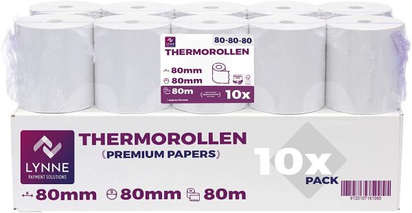 Rouleaux thermiques 80mm x 80m x 12mm ??Bobine papier thermique pour caisse enregistreuse avec imprimante de ticket - Rouleau thermique 80x80x12 - Sans BPA (10 Rouleaux)