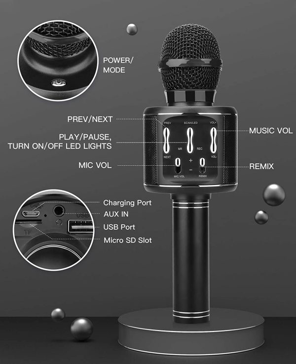 ShinePick Microphone Sans Fil Karaoké, Microphone Bluetooth Machine à Karaoké Accueil Lecteur KTV avec Lumières Dansantes, Sons Magiques, Cadeau Enfants pour Android/iOS (Noir) – Image 7