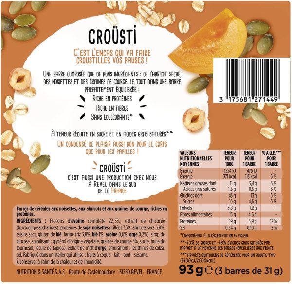 Gerlinéa - Croüsti Abricots Noisettes Graines de Courge - Barre de Céréales pour un Encas Équilibré - 218096