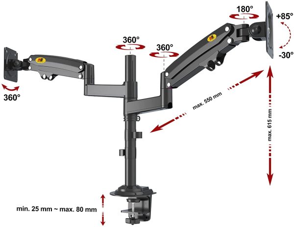 Support de Bureau pivotant Robuste avec Ressort à gaz pour Deux moniteurs LCD LED 22-32 Pouces, VESA 75mm et 100mm jusqu'à 2x12 kg