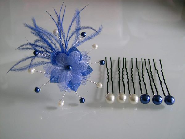 Lot Pics Blanc/Ivoire/Bleu Roi Royal Marine Foncé Bijoux Epingles Pinces Chignon Cheveux accessoire p robe Mariée Mariage Soirée Cérémonie Coktail Fleur plumes Petit prix pas cher