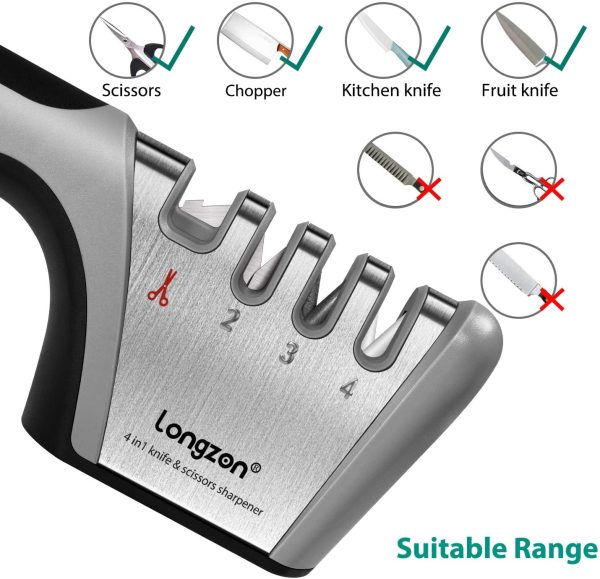 longzon Aiguiseur Couteaux, 4 en 1 Affuteur Couteau Professionnel avec Une Paire de Gants Anti-Coupure, eguiseur de Couteau pour Ciseaux et Couteaux de Cuisine de Différentes Tailles – Image 5