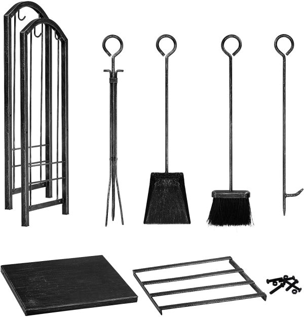 Amagabeli Cheminée Porte-bûches à bois de chauffage avec ensembles d'outils Porte-bûches d'intérieur Cheminée extérieure robuste Grandes bûches en fer forgé Accessoires de cheminée Couleur de l'étain – Image 2