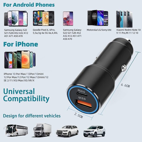 Chargeur Voiture USB C PD &QC 3.0 pour Iphone 11 12/13 Pro/12 Pro Max/12 Mini/Se 2020 XR XS X 8 7/8 Plus,XS Max,Chargeur Auto Allume Cigare Rapide 36W Power Delivery/Quick Charge 3.0+1M Cable USB C – Image 3