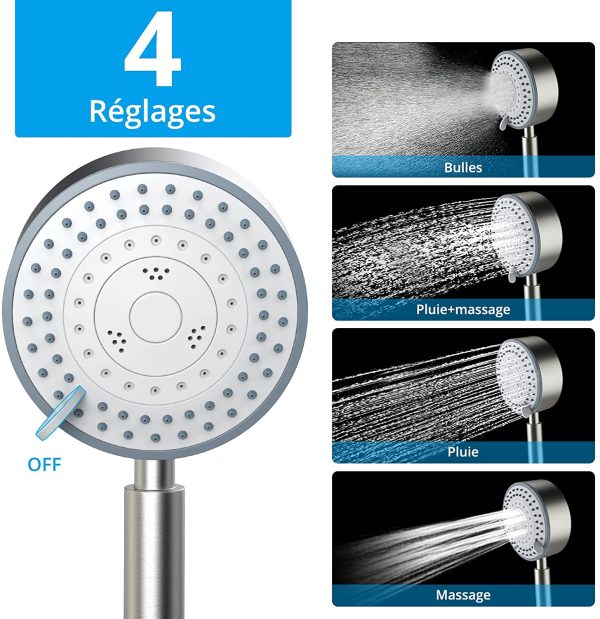 Pommeau de Douche, Pommeau Douche Economiseur D'eau avec Tuyau 2M Douchette Douche Aalle de Bain Economie d'Eau Haute Pression en Acier Inoxydable 304 Installation et Nettoyage Faciles – Image 2