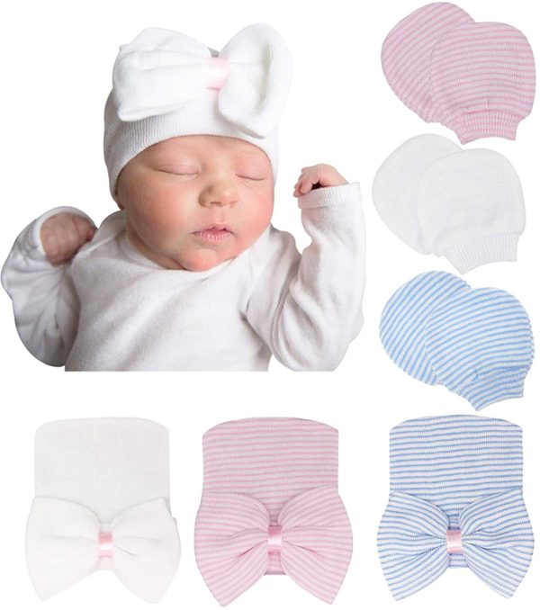 DRESHOW Bonnets de Naissance et Moufles de Protection Coton - 3 Pcs Bonnets Coordonnés et 3 Paires Mitaines Scratch de Protection Enfant Bébé Fille Garçon (0-3 Mois) – Image 3