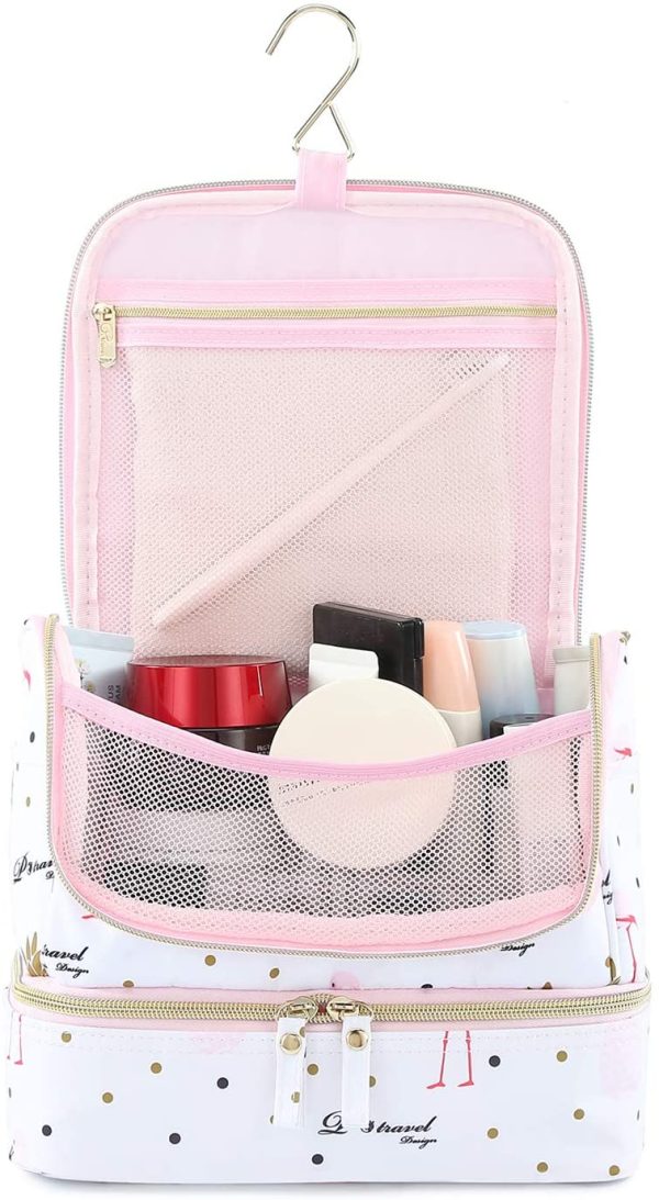 Trousse de Toilette Voyage pour Femme, Lychii Cosmétique Sac avec Crochet, Imperméable Pliable Trousse Maquillage Organisateur - Flamants – Image 2