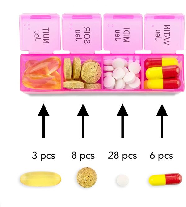 Pilulier avec sacoche noire (Français) Tabtime, hebdomadaire 7 jours pilulier avec 28 compartiments pour vitamines, suppléments et médicaments – Image 3