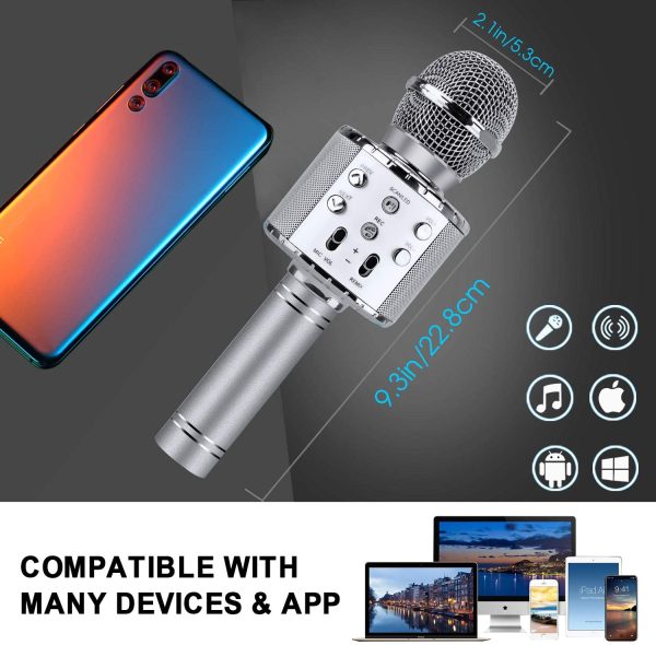 ShinePick Microphone Karaoke Sans Fil, Karaoké Microphone Bluetooth Portable pour Enfants/Adultes Chanter, Compatible avec Android/IOS/PC/Smartphone (Argent)