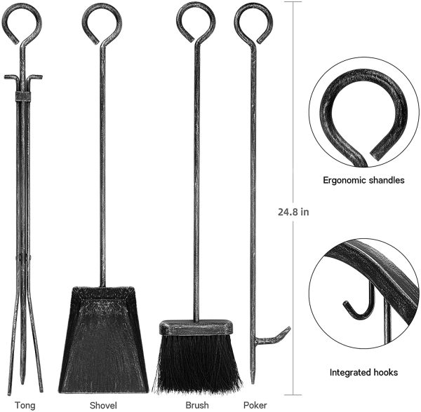 Amagabeli Cheminée Porte-bûches à bois de chauffage avec ensembles d'outils Porte-bûches d'intérieur Cheminée extérieure robuste Grandes bûches en fer forgé Accessoires de cheminée Couleur de l'étain