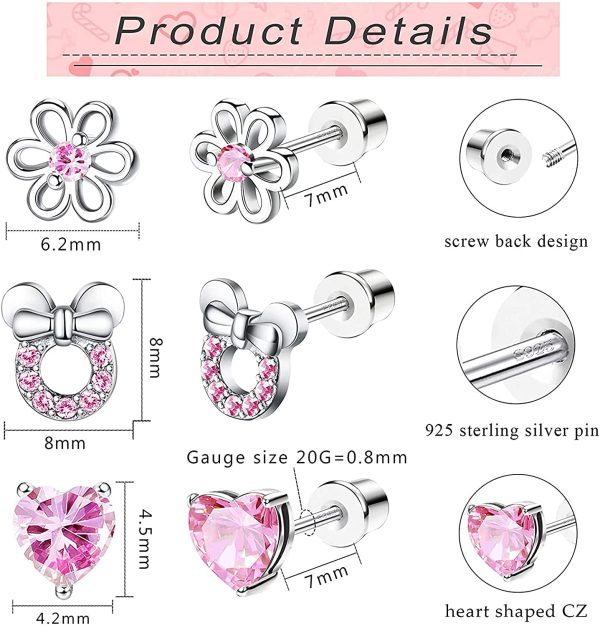 CASSIECA 3 Paires Boucles D'oreilles en Argent Sterling Enfants Filles Bébés Femmes Pink Zircone Coeur Boucles D'oreille Marguerite Minimalistes Boucles D'oreille Tiges Poussettes Sécurité à Vis – Image 6