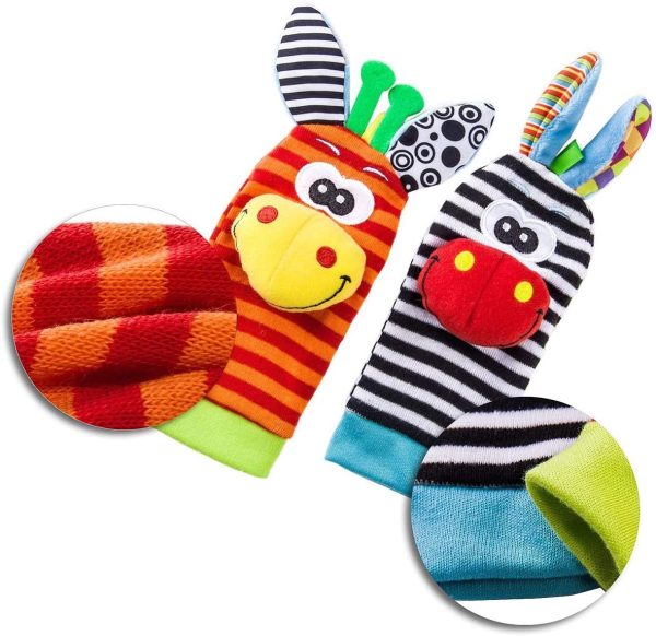 RXYYOS 4Pcs Bébé Poignet et Chaussettes Hochet Jouets Ensemble Poignet de Bell Strap hochets et Chaussettes Pied Finder Animal Bébé Chaussettes De Pied avec Jouet – Image 2