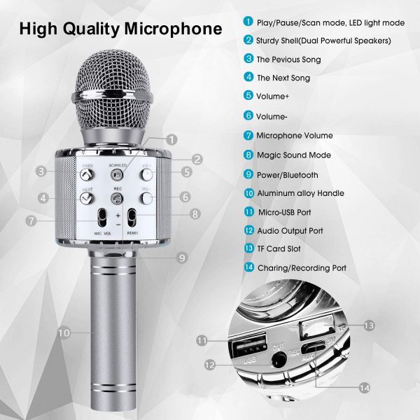 ShinePick Microphone Karaoke Sans Fil, Karaoké Microphone Bluetooth Portable pour Enfants/Adultes Chanter, Compatible avec Android/IOS/PC/Smartphone (Argent) – Image 6