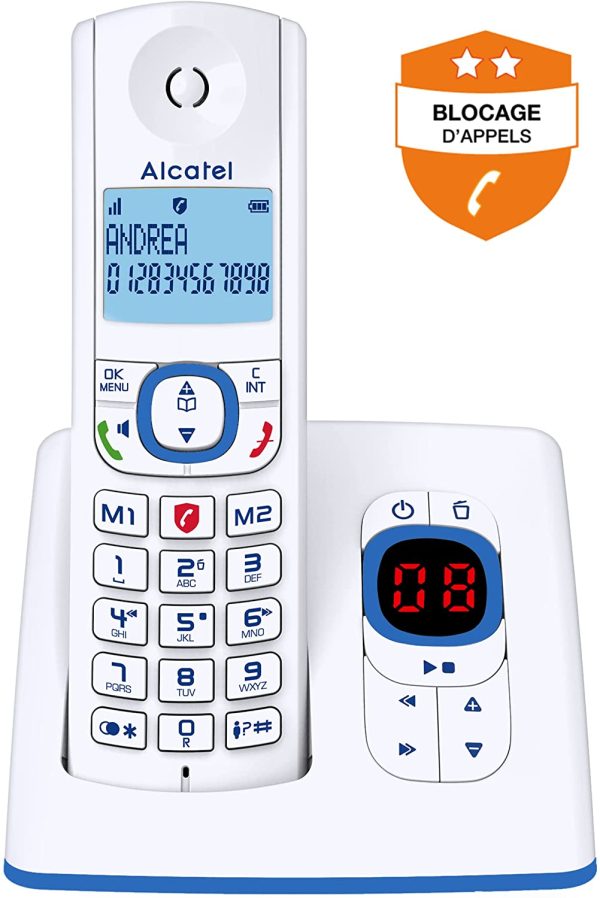 F530 Voice - Téléphone sans fil DECT aux coloris contemporains, Répondeur intégré, Mains libres, Ecran rétroéclairé, Sonneries VIP, 10 mélodies d'appel - Blanc/Bleu – Image 3