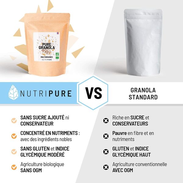 Pure Granola Bio ??Pépites de chocolat noir ??Artisanal ??Riche en protéines et fibres ??Muesli Vegan, cru, sans conservateur, sans gluten ni sucre ajouté ??350g ??NUTRIPURE – Image 8