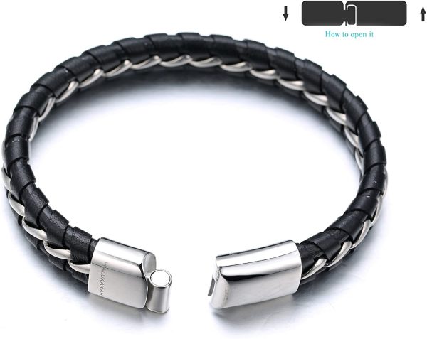 HALUKAKAH Enfants ??Solo Junior ??Garçon Bracelet en Cuir Véritable de Main Noir 6-12 Ans Chaîne Argent Titane Acier Fermoir Magnétique 7"/18cm avec Le Boîte-Cadeau Gratuit – Image 5